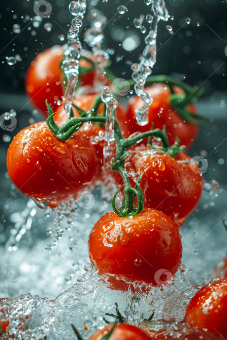 Скачать Плоды спелых помидоров в воде, брызги. Сгенерирован искусственный интеллект. фотосток Ozero