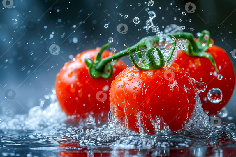 Скачать Плоды спелых помидоров в воде, брызги. Сгенерирован искусственный интеллект. фотосток Ozero