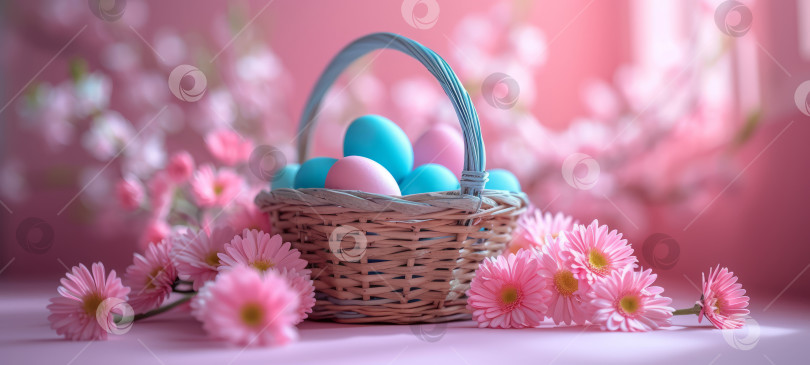Скачать Баннер для празднования пасхального праздника баннер поздравительной открытки с пасхальными яйцами и цветами на розовом фоне фотосток Ozero