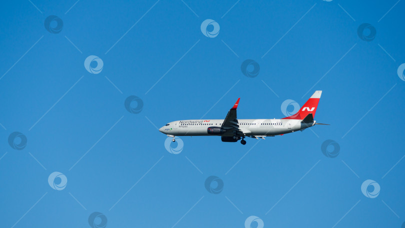 Скачать Boeing 737-900ER заходит на посадку на взлетно-посадочной полосе аэропорта Адлер на фоне голубого весеннего неба. Boeing 737-900ER VP-BZV Nordwind Airlines. Сочи, Россия - 18 мая 2021 г. фотосток Ozero