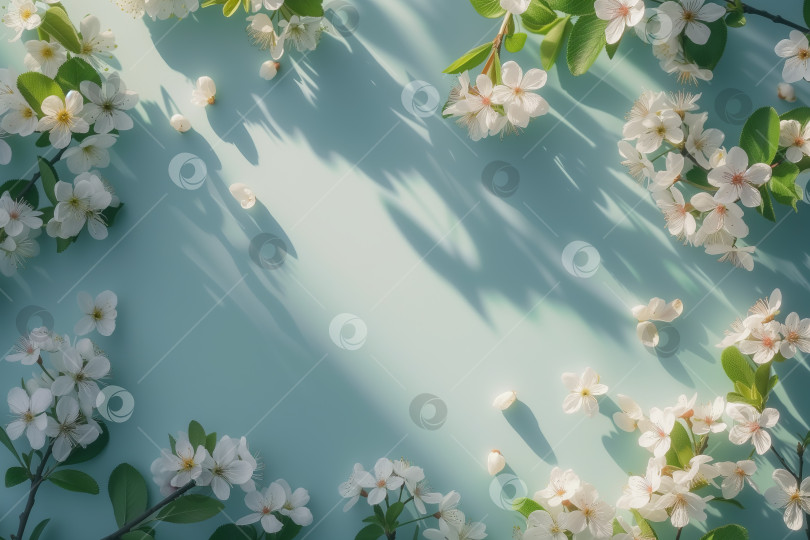 Скачать Нежные цветущие ветви яблони в лучах солнца на голубом фоне. фотосток Ozero