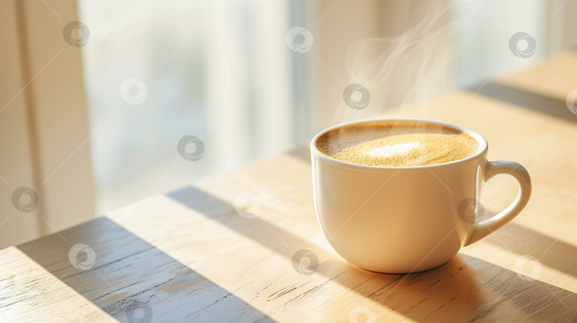 Скачать Дымящаяся чашка кофе со сливочной пенкой сверху стоит на деревянной поверхности при ярком естественном освещении у окна, создавая атмосферу уютного утра или расслабляющего отдыха фотосток Ozero