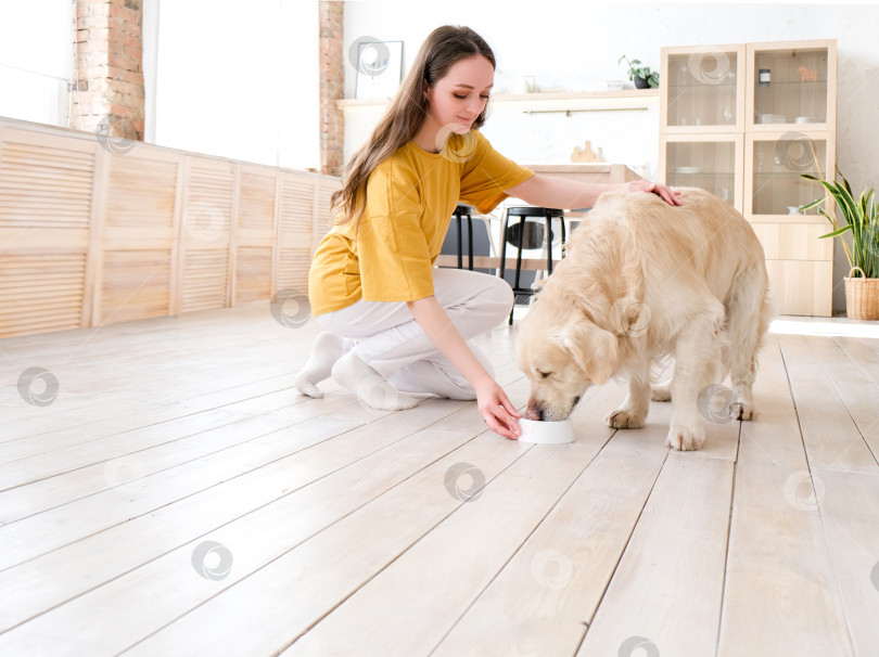 Скачать Портрет счастливой молодой женщины с домашней собакой, сидящей на полу дома. Кавказская женщина обнимает золотистого ретривера в гостиной фотосток Ozero