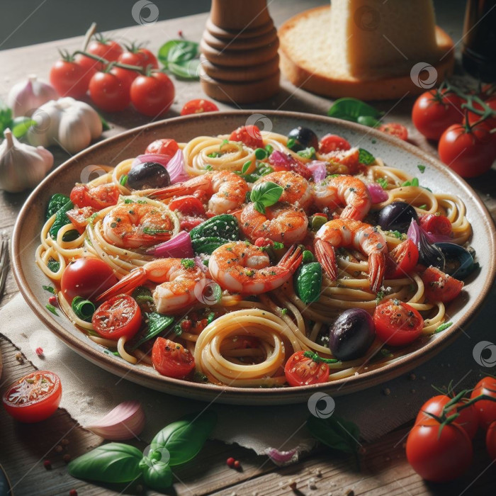 Скачать Спагетти с креветками на блюде фотосток Ozero