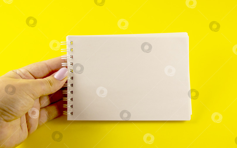 Скачать женские руки держат блокнот, тетрадь на желтом фоне вид сверху на место для копирования фотосток Ozero