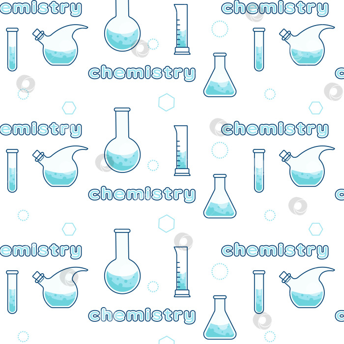 Скачать Бесшовный узор на тему химии с колбами, пробирками, молекулами. Узор включен в панель образцов фотосток Ozero
