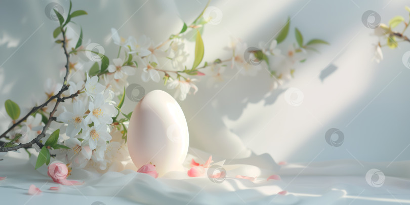 Скачать Пасхальный фон с белым яйцом и цветущими ветвями яблони фотосток Ozero