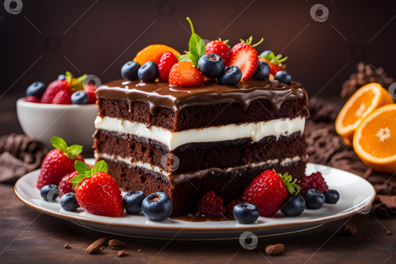 Скачать шоколадный торт со сливками и фруктами фотосток Ozero