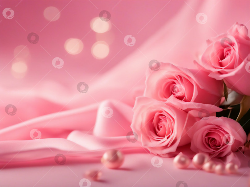 Скачать Букет из нежных праздничных светло-розовых роз на шелковом фоне, выборочный акцент фотосток Ozero