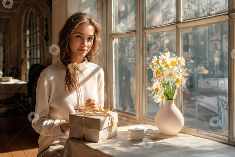 Скачать девушка с подарочной коробкой сидит за столиком в уютном кафе у залитого солнцем окна. фотосток Ozero