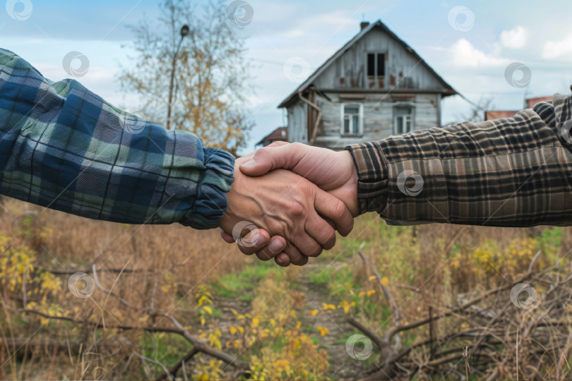 Скачать Продажа дачного домика. Покупка дачного домика. Скрепление договора рукопожатием. Лето. Дача. фотосток Ozero