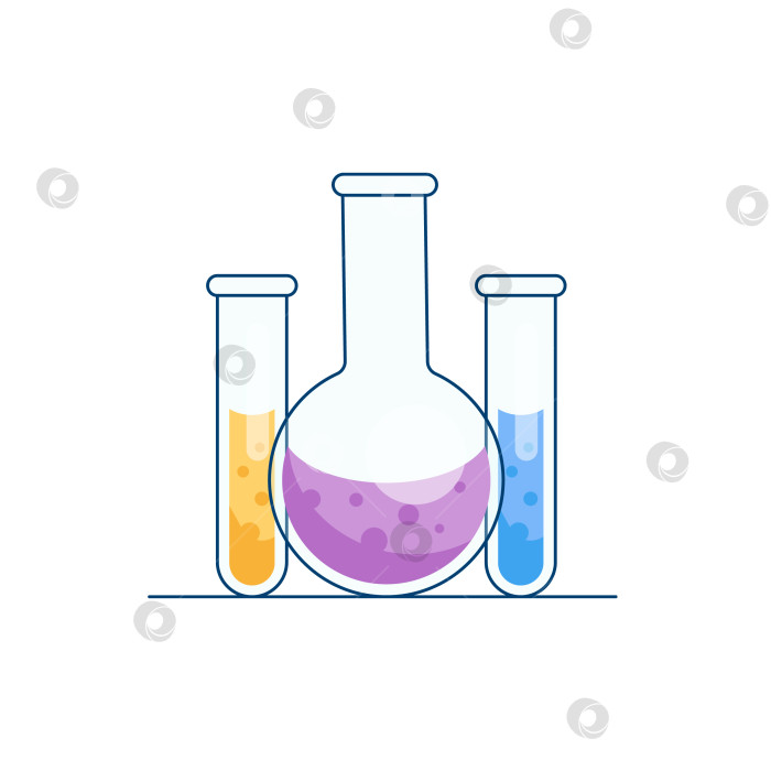 Скачать Химические колбы и пробирки с реактивами. Научный эксперимент, исследование. Иллюстрация с современным плоским дизайном фотосток Ozero
