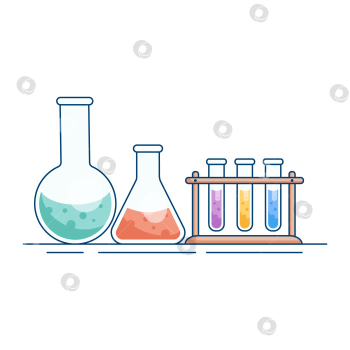 Скачать Химические колбы и пробирки с реактивами. Научный эксперимент, исследование. Иллюстрация с современным плоским дизайном фотосток Ozero