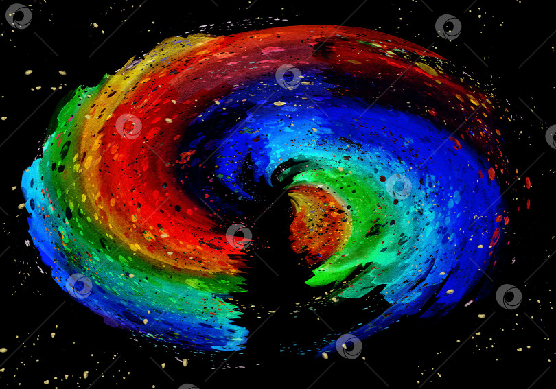 Скачать Разноцветные акварельные мазки кружатся вокруг центра на черном фоне. Разноцветные брызги украшают текстуру. Абстрактный яркий акварельный фон. фотосток Ozero