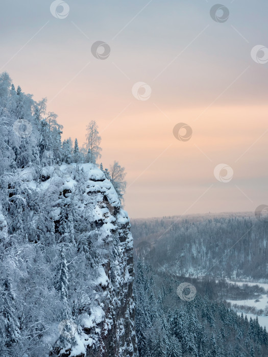 Скачать Снежный лес на скалах. заснеженные горные деревья на утесе фотосток Ozero
