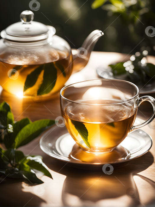 Скачать чашка и заварочный чайник с зеленым чаем на столе в солнечный день фотосток Ozero