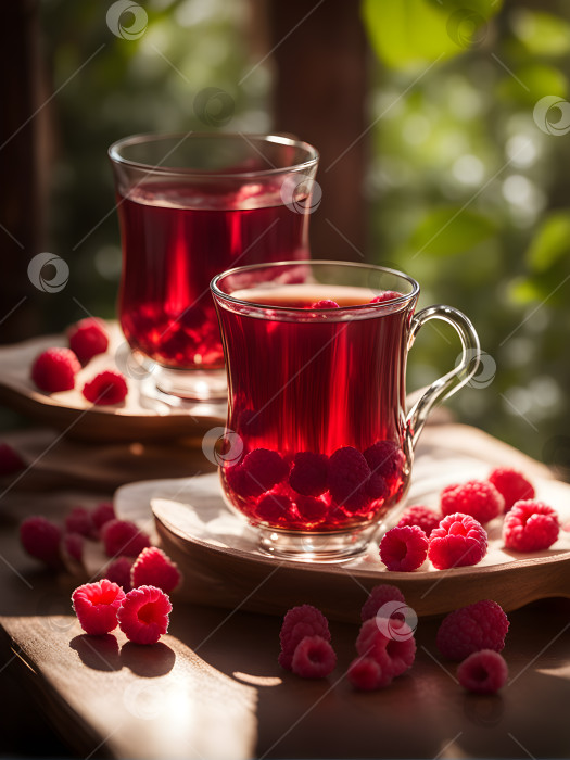 Скачать чай с малиной в прозрачной чашке на летнем солнечном фоне фотосток Ozero