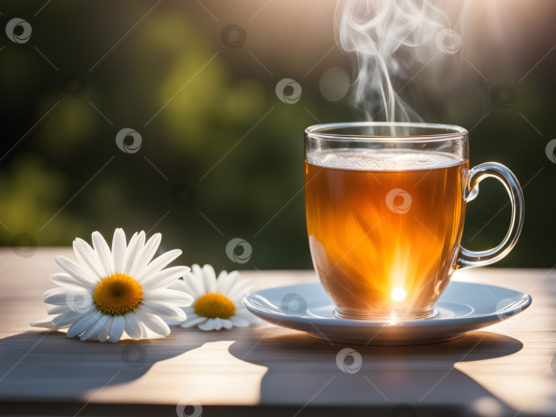 Скачать ромашковый чай в прозрачной чашке на летнем солнечном фоне фотосток Ozero