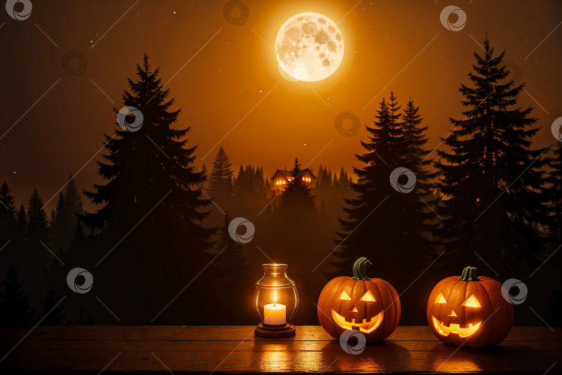 Скачать Генеративная иллюстрация искусственного интеллекта ночи Хэллоуина с двумя тыквами и свечой на деревянном столе среди леса фотосток Ozero