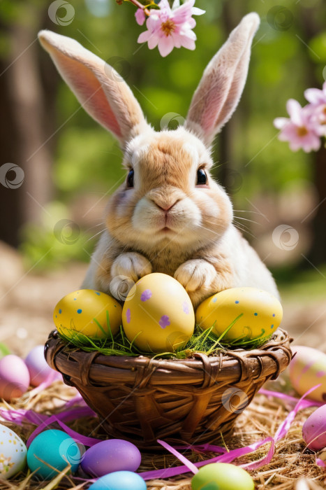 Скачать милый кролик среди раскрашенных пасхальных яиц на весеннем лугу фотосток Ozero