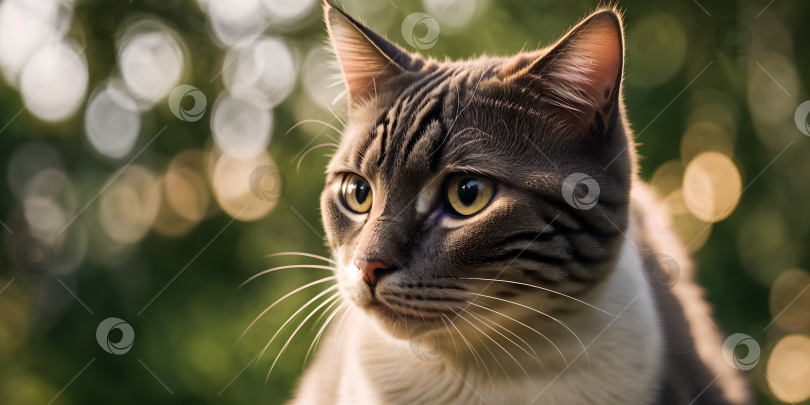 Скачать Создание искусственным интеллектом портрета серой кошки на размытом летнем зеленом фоне фотосток Ozero