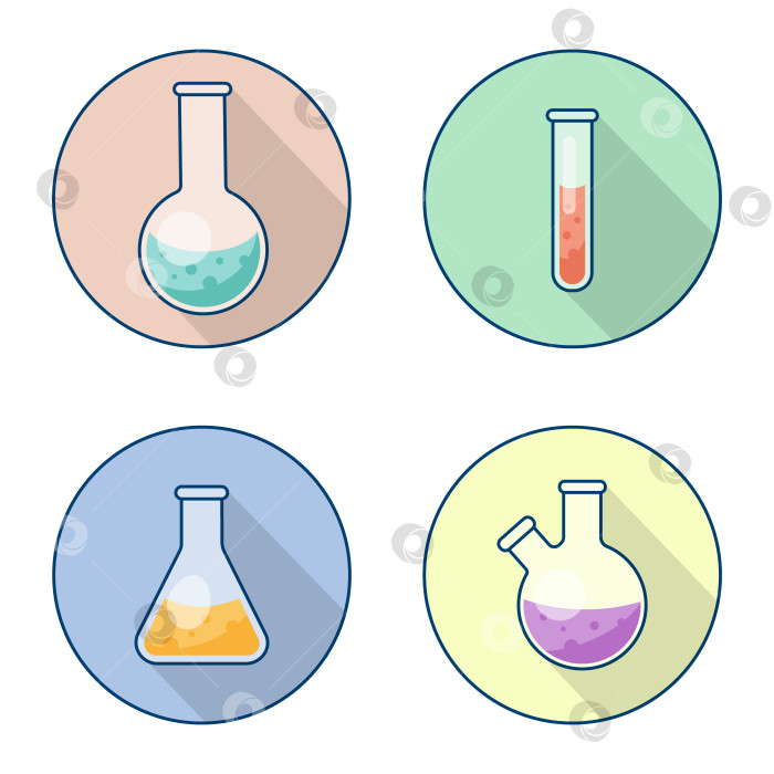 Скачать Химическая пробирка и круглая колба, лабораторная стеклянная посуда с жидкостью. Иллюстрация с длинной тенью. Исследование, научный эксперимент, урок химии. фотосток Ozero