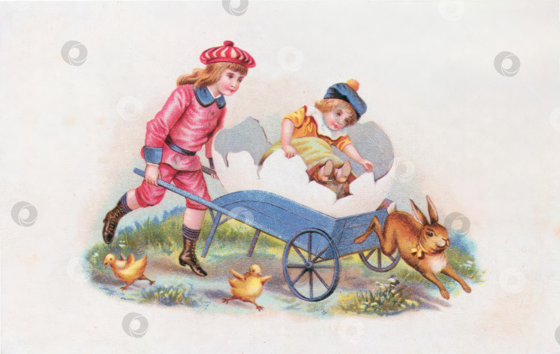 Скачать Дети катаются на тележке и играют с зверюшками. Европейская пасхальная старинная открытка. фотосток Ozero