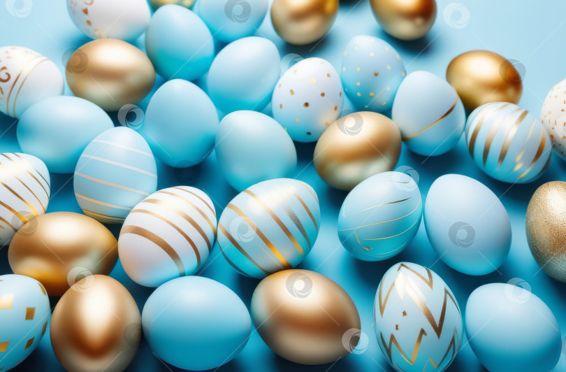 Скачать Пасхальные яйца в светло-голубых и золотых тонах на синем фоне. Создан искусственный интеллект. фотосток Ozero