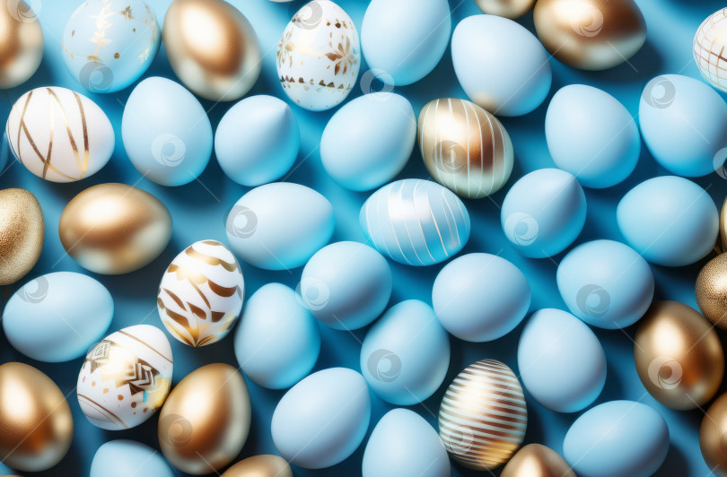 Скачать Пасхальные яйца в светло-голубых и золотых тонах на синем фоне. Создан искусственный интеллект. фотосток Ozero