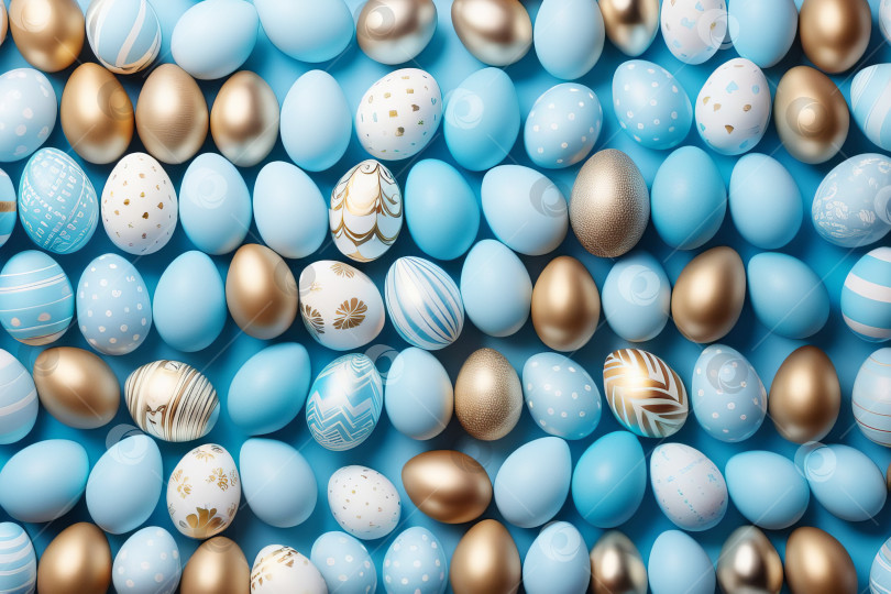 Скачать Пасхальные яйца в светло-голубых и золотых тонах на синем фоне. Сгенерирован искусственный интеллект. фотосток Ozero