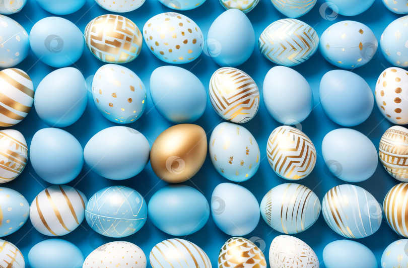 Скачать Пасхальные яйца в светло-голубых и золотых тонах на синем фоне.Создан искусственный интеллект. фотосток Ozero