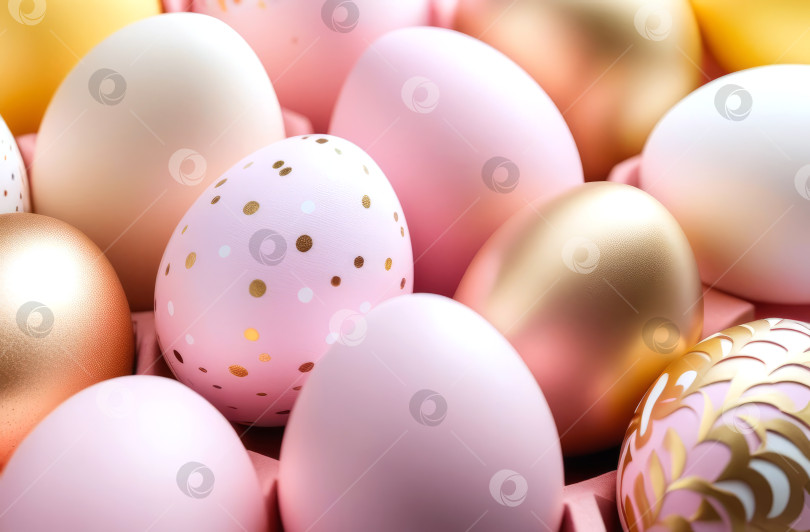 Скачать Пасхальные яйца в светло-розовых и золотистых тонах на голубом фоне.. Создан искусственный интеллект. фотосток Ozero