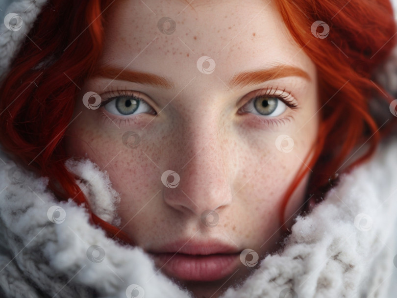 Скачать Зимний портрет молодой рыжеволосой девушки в вязаном снуде, покрытом снегом. Концепция красоты снежной зимы. фотосток Ozero