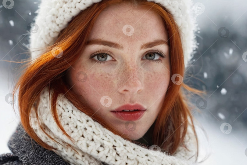 Скачать Зимний портрет молодой рыжеволосой девушки в вязаной шапочке и шарфе, покрытых снегом. Лицо с веснушками крупным планом. Концепция красоты снежной зимы фотосток Ozero