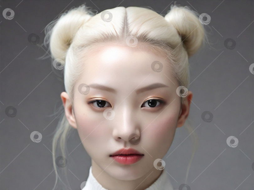 Скачать портрет девушки-альбиноса азиатской внешности с макияжем на темном фоне. разнообразие и мода фотосток Ozero