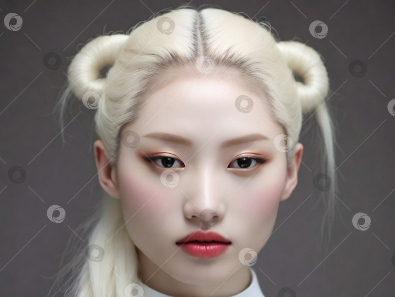 Скачать портрет девушки-альбиноса азиатской внешности с макияжем на темном фоне. разнообразие и мода фотосток Ozero