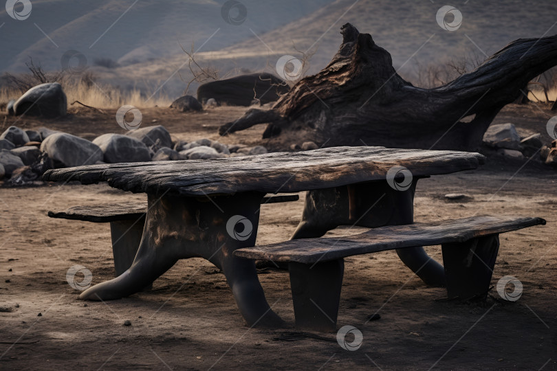 Скачать Обугленный деревянный стол и скамейки на выжженной поляне. Размытый фон фотосток Ozero