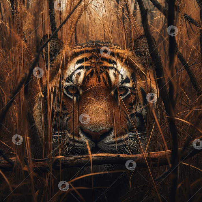 Скачать Тигр, спрятавшегося в высокой траве леса. | Тигр прячется в высокой траве леса. фотосток Ozero