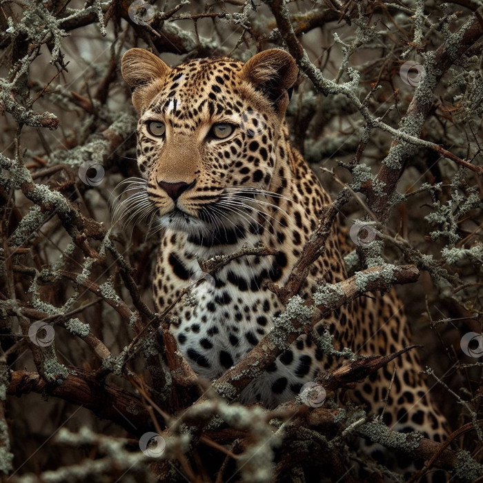 Скачать Снимок леопарда, прячущегося в густых кустах саванны. | Изображение леопарда, прячущегося в густых кустах саванны. фотосток Ozero