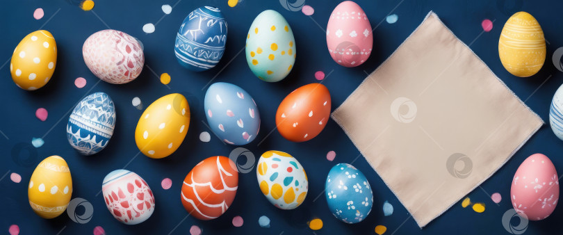 Скачать Баннер с пасхальными яйцами, расположенными в случайном порядке на темно-синем фоне с пространством для копирования, каждое яйцо имеет свой уникальный узор и цвет, фотосток Ozero