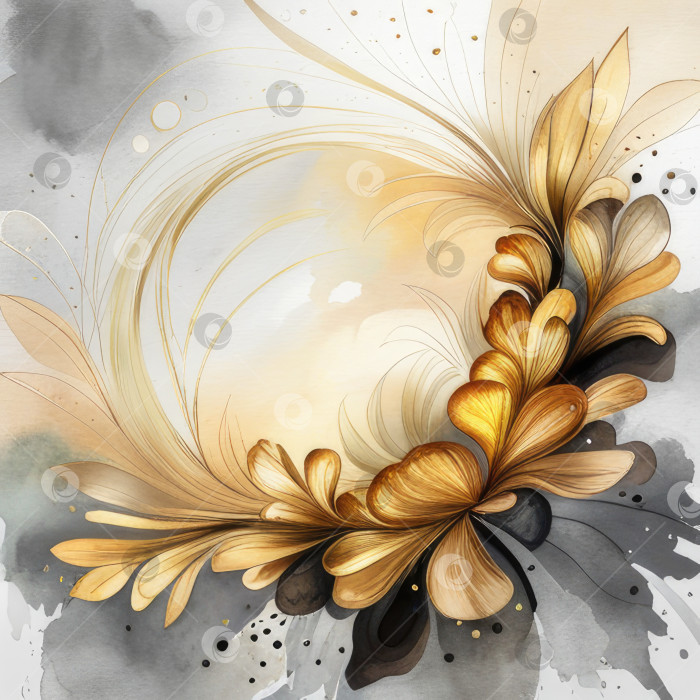 Скачать Абстрактный дымчатый черно-золотой фон с плавающим цветком в стиле marbled ink. фотосток Ozero
