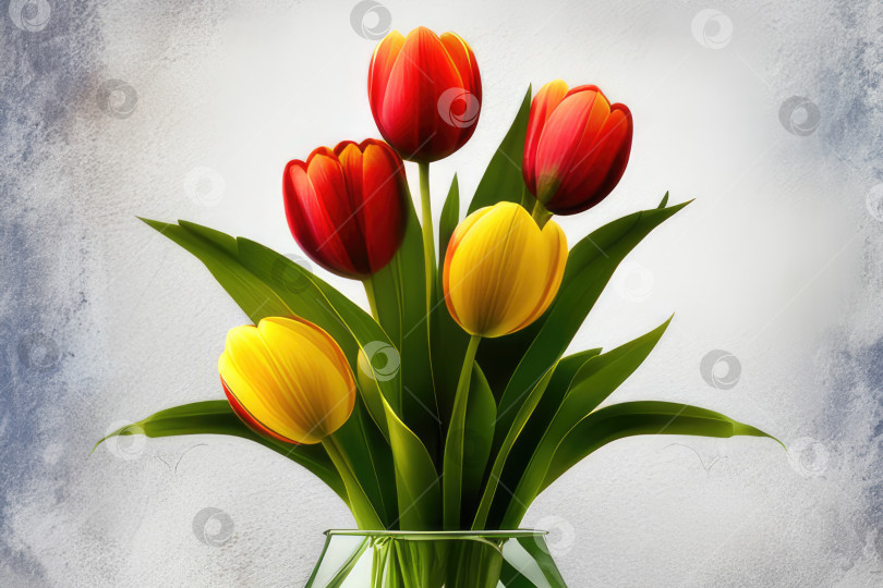 Скачать букет красных и желтых тюльпанов в вазе на заднем плане, праздничная универсальная открытка для оформления ваших поздравлений фотосток Ozero