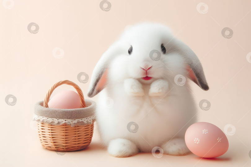 Скачать милый маленький белый кролик на цветном фоне создает праздничное пасхальное настроение. фотосток Ozero