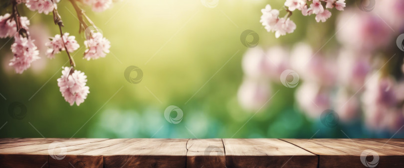 Скачать Весенний фон с цветами и деревянным столом. Весенний сад на заднем плане. фотосток Ozero