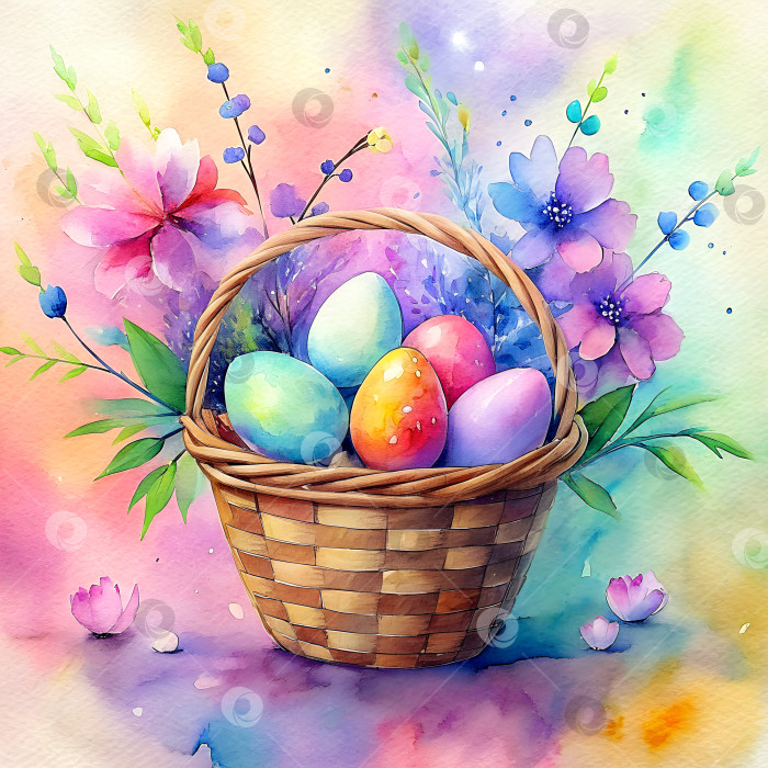 Скачать Разноцветные пасхальные яйца в плетеной корзинке. фотосток Ozero