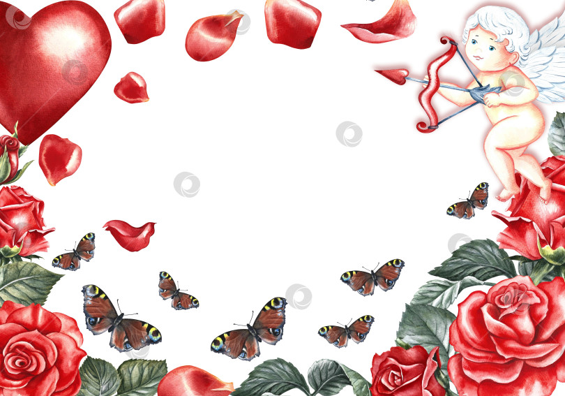 Скачать Открытка на день святого Валентина или свадьбу с купидонами, красными розами и сердцем. Рисованная акварельная иллюстрация. Элемент дизайна упаковки и этикеток, плакатов и флаеров, принтов. фотосток Ozero