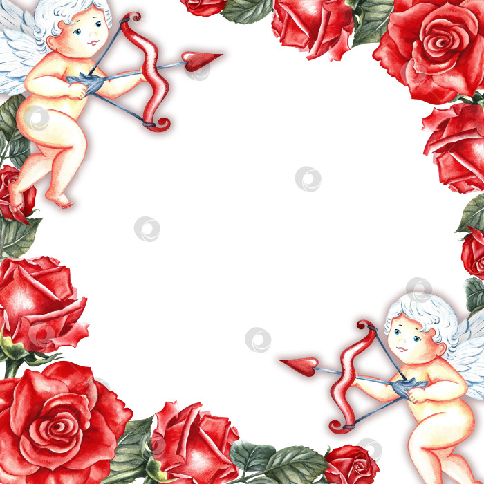 Скачать Рамка с красными розами и купидонами. Рисованная акварельная иллюстрация. Поздравительная открытка для влюбленных, на День Святого Валентина и свадьбу. Также подходит для упаковки, плакатов и листовок. фотосток Ozero