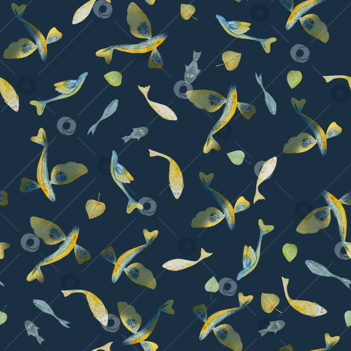 Скачать Акварельный рисунок с изображением рыбок и листьев, нарисованный от руки фотосток Ozero