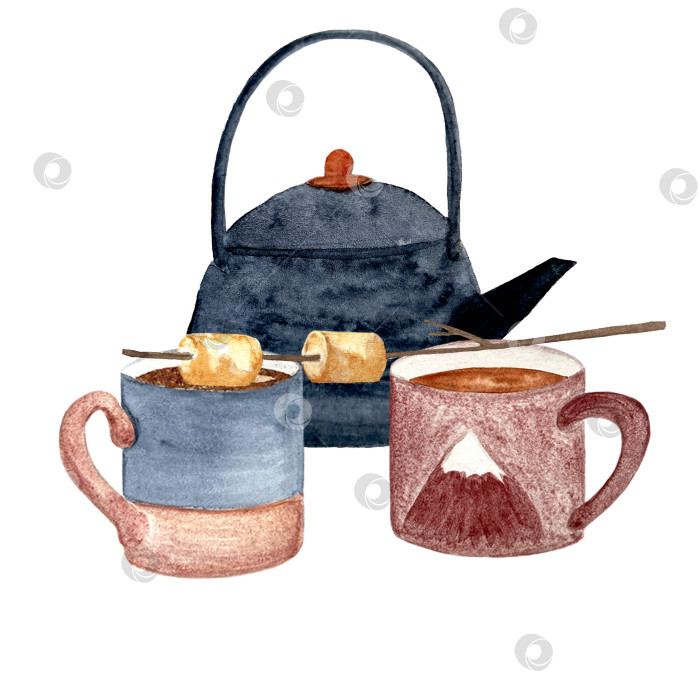 Скачать Акварельная композиция походного чайника с зефирными кружками, выделенными на белом фоне фотосток Ozero