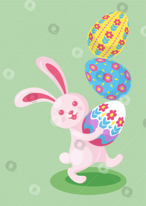 Скачать Забавный милый пасхальный кролик несет крашеные яйца. Векторная иллюстрация, изолированный мультяшный персонаж, талисман, наклейка, эмблема, открытка, печать фотосток Ozero